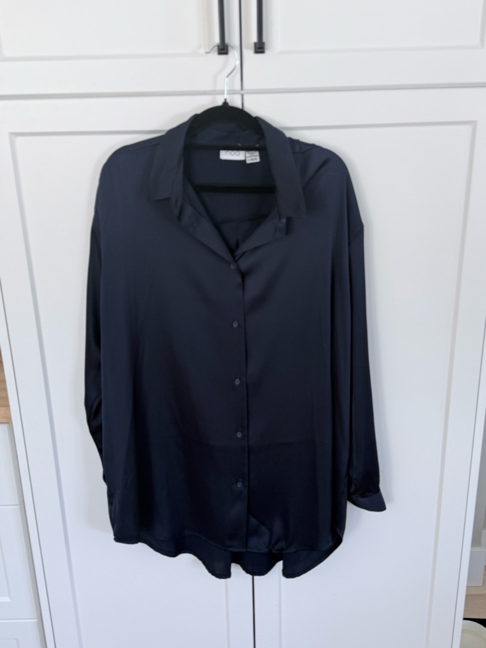 Navy Satin Button-Up Blouse | Size Large | Oversized Fit